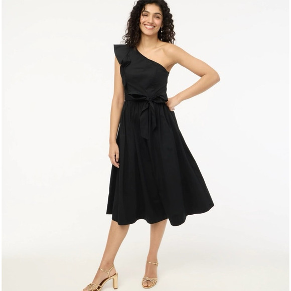 J Crew One Shoulder Flowy Fashion Trendy Belted Midi Dress US Women's 10P New - Picture 1 of 6